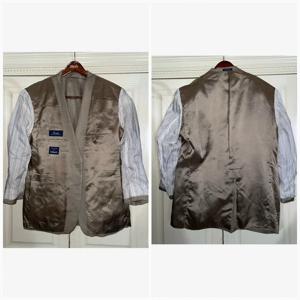 Ralph Lauren Blazer Men 46R Beige 100%‎ Silk Herringbone Wedding Business
